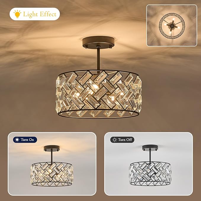Black Crystal Pendant Light Farmhouse 4-Light, 12" Round Modern Semi Flush Mount Chandelier Ceiling Light for Kitchen Island, Dining Room, Bedroom, Hallway, Foyer