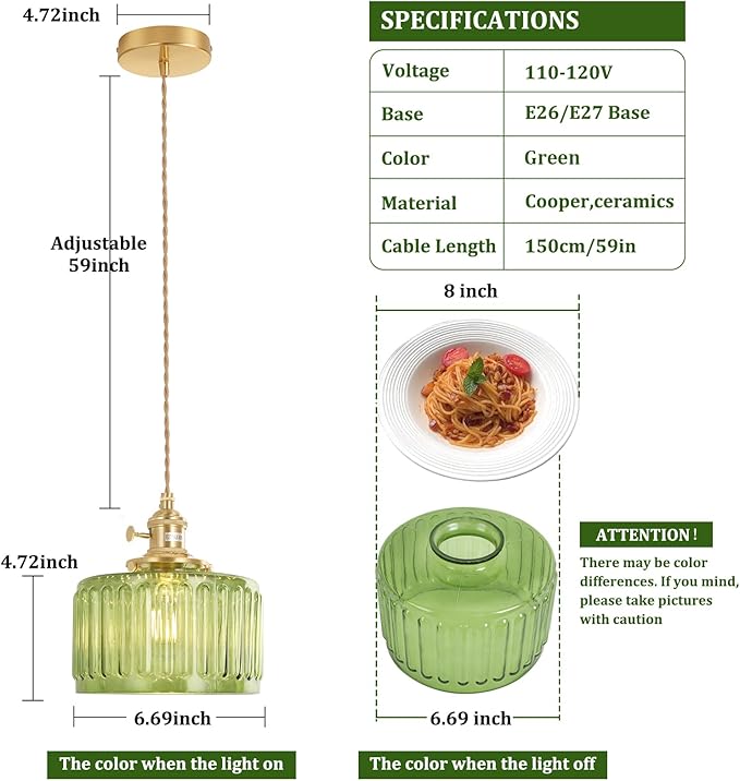 Shenmoyl Pendant Light with Green Striped Glass Lmapshade, Brass Vintage Pendant Light Adjustable Hanging Light for Kitchen Island Dining Room Hallway
