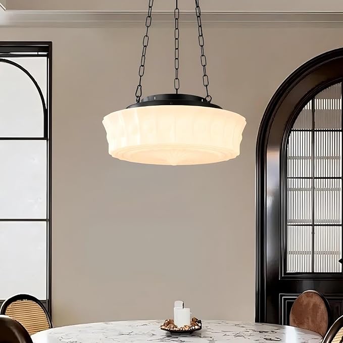 LIGHTLAND Milk Glass Pendant Light, 13.8 Inch Mid Century Semi Flush Mount Ceiling Light Fixture with 39.4 Inch Adjustable Chain, Vintage Chandelier for Bedroom, Living Room, Dining Room, Hallway