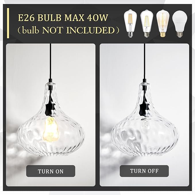 Glass Large Pendant Lights for Kitchen Island Blown Glass Pendant Light Clear Hammered Shade Hanging Ceiling Lights with Black Finish for for Kitchen Island, Sink, Hallway, Living Room 11 inch