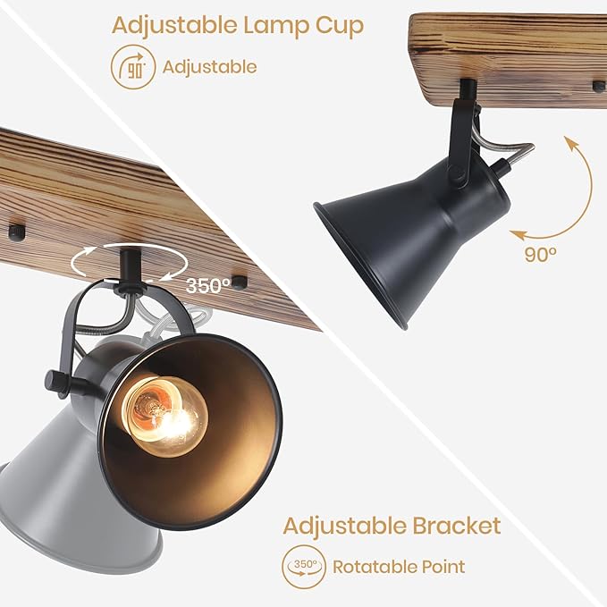 3-Light Track Lighting Kit, Wood Semi Flush Mount Ceiling Light with 3 Rotatable Heads – Modern Farmhouse Kitchen Lighting Fixtures Ceiling for Living Room, Bedroom, Hallway, Bathroom
