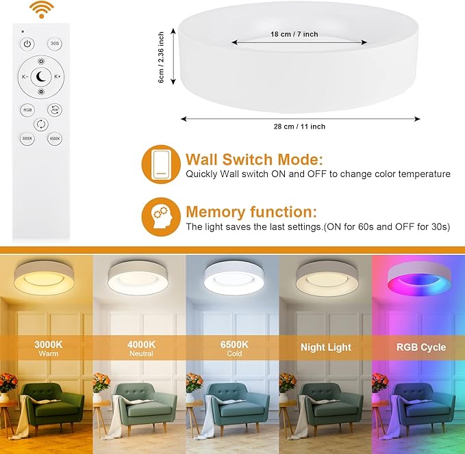 LEZOE RGB Flush Mount LED Ceiling Light Dimmable with Remote Control 11 Inch, 24W 2400lm Color Changing Ceiling Light Fixture, 3000K-6500K Ceiling Lamp for Bedroom Kitchen Hallway Party Living Room