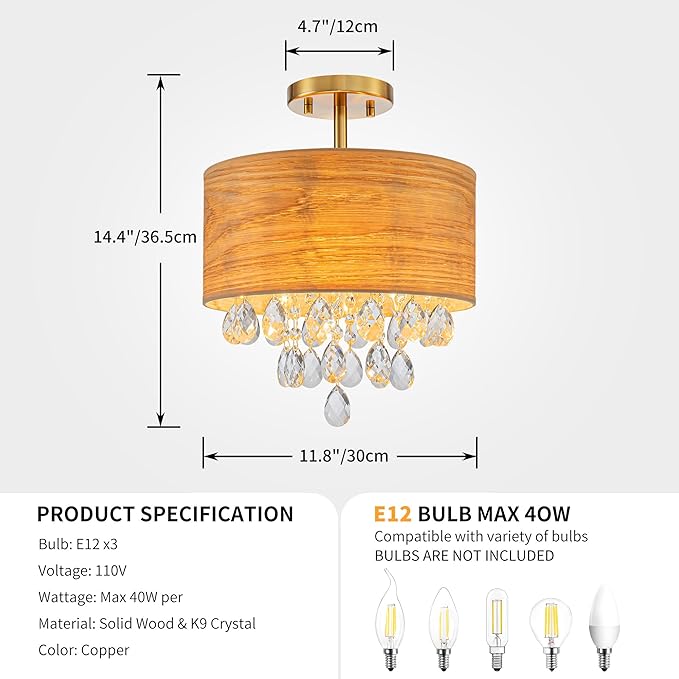 3-Light Drum Wood & K9 Crystal Ceiling Lights, Farmhouse Style Semi-Flushmount Light Fixture for Dining Room, Living Room & Bedroom, D12 * H14 inch, Solid Wood Lampshade & Gold Finish
