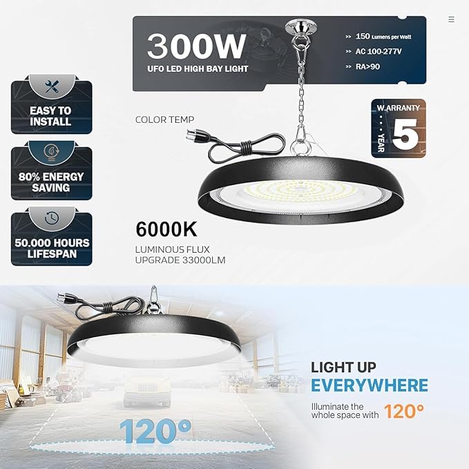 12Pack 300W UFO LED High Bay Light,33000lm 6000K Daylight 3000W Equivalent with 59inch US Plug Cable Garage Lights Commercial Warehouse Bay Light for Garage Factory Lowbay Area Lighting