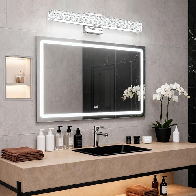 SOLFART Bathroom Light Fixture Crystal Vanity Light Fixtures, Modern LED Lights Above Mirror, 24 Inch Bath Lighting Fixture Chrome