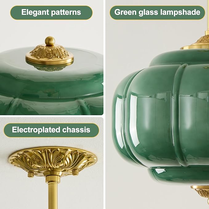 Milk Glass Pendant Light 15 Inch Semi Flush Mount Ceiling Light Fixture Adjustable Height Mid Century Brass Vintage Ceiling Light for Kitchen Hallway Dining Room Bedroom Schoolhouse(Green)