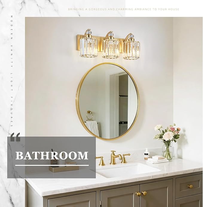 3-Lights Brushed Brass Bathroom Light Fixture Gold Vanity Lights Modern Crystal Bathroom Vanity Lighting Over Mirror Wall Sconce with K9 Crystal Shade E26 Base for Living Room, Bedroom Wall Lamp