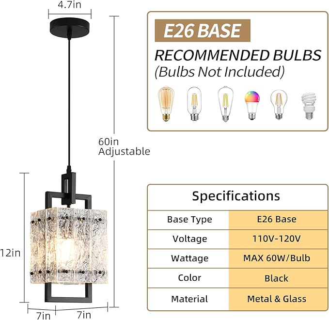 Modern Pendant Lights Kitchen Island 2 Pack Matte Black Pendant Lights Water Ripple Glass Square Pendant Lighting Over Island Hanging Pendant Light Fixtures for Kitchen Dining Room Hallway Foyer