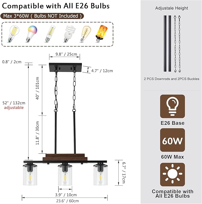 3-Light Kitchen Chandeliers Over Table, Farmhouse Chandeliers for Dining Room, Black Linear Chandelier with Clear Glass Shades, Modern Rustic Wood Dining Room Light Fixture, with Adjustable Height