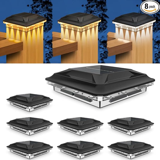 Solar Post Cap Lights 8 Pack Upgraded 16LED Spot Lens Outdoor Waterproof Post Light 3-Color Modes Warm & Cool & Neutral White Solar Light Fit for 4x4 3.5x3.5 Vinyl and Wooden Dock Fence Deck Posts