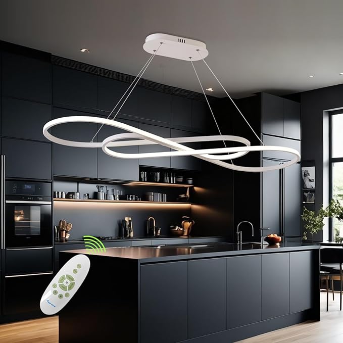 Led Chandeliers for Dining Room,Modern Led Pendant Light Fixture, Dimmable Adjustable Height Music Note Shape Hanging Lamp with Remote Control White Iron Ceiling Light Fixture for Kitchen Island