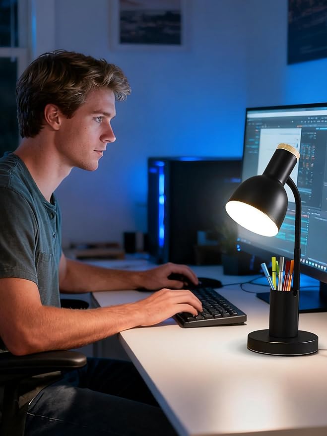 LED Desk Lamp for Home Office, Table Lamp with Pen Holder, 3 Color Modes Reading Light, Eye-Caring Desk Light with Gooseneck, Metal Study Lamp for Dorm Bedside Bedroom (Black Lamp)
