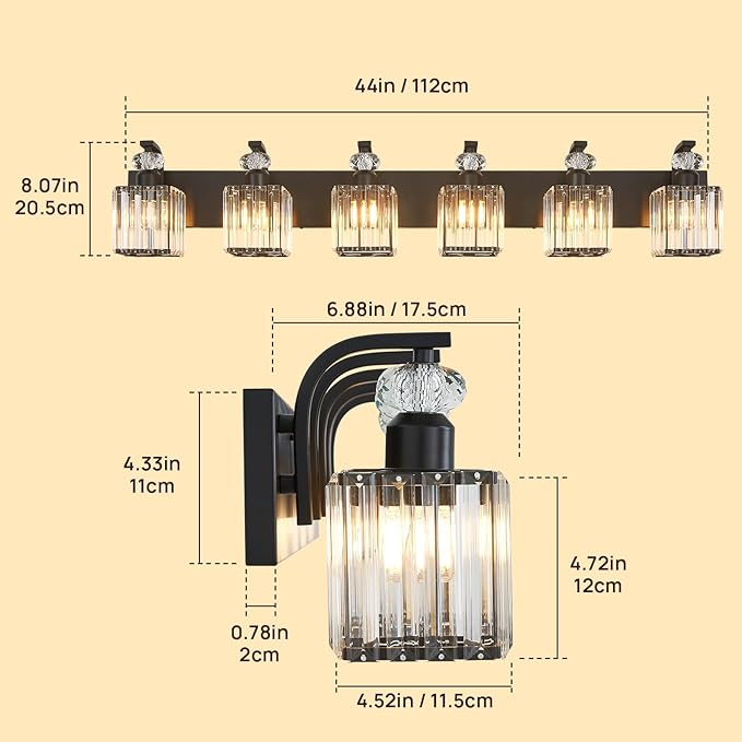 Modern Bathroom Vanity Light, 6-Light Black Bathroom Lighting Fixtures Over Mirror, 44.1" Crystal Wall Light Sconce for Bathroom/Bedroom/Vanity, Includes LED Bulbs, Easy Installation