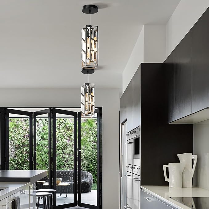 Black Pendant Lights Modern Pendant Light Fixture, Mini Crystal Pendant Ceiling Light, Pendant Light for Kitchen Island, Dinning Room, Bedroom, Kitchen Sink Lighting (3-Pack)
