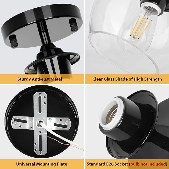 Modern Semi Flush Mount Ceiling Light with Clear Glass Shade, Industrial Close to Ceiling Light, Hanging Ceiling Light Fixture for Hallway, Bedroom, Dining Room, Entryway, Foyer