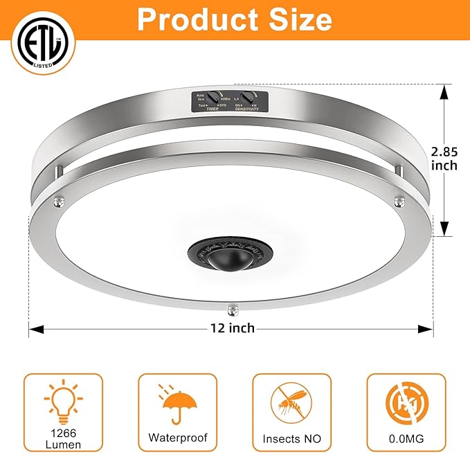 24W LED Motion Sensor Outdoor Ceiling Light, 12IN 2700K/3000K/3500K/4000K/5000K Adjustable Ceiling Lights, Dusk to Dawn Flush Mount LED Ceiling Light Fixture for Porch, Garage, Nickel