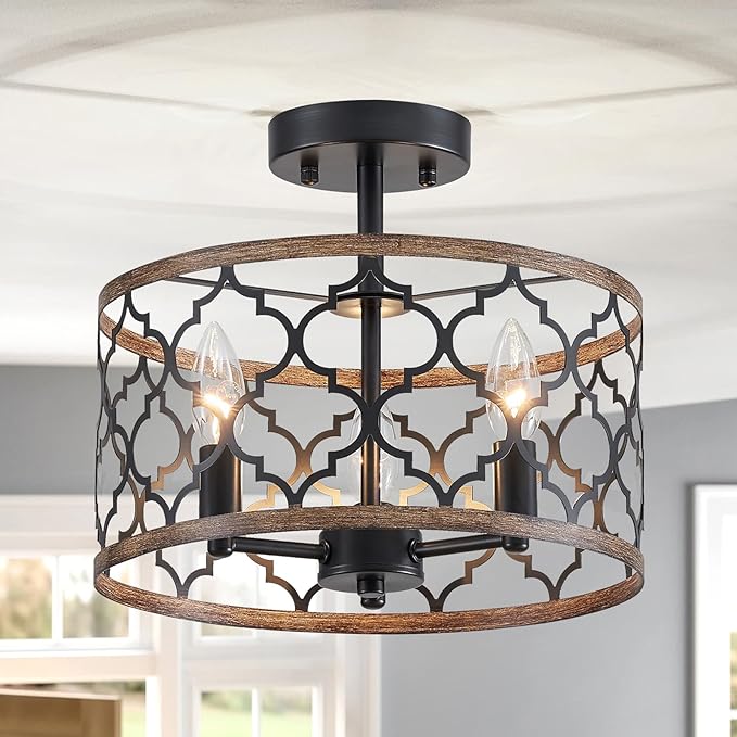 WUZUPS Chandelier 3-Light Vintage Farmhouse Semi-Flush Mount Ceiling Light Lighting Fixture for Foyer Bedroom Hallway Storage Room Kitchen Bathroom, H 9.8" x W 12.4", E12 Base, Black & Wood Imitaion