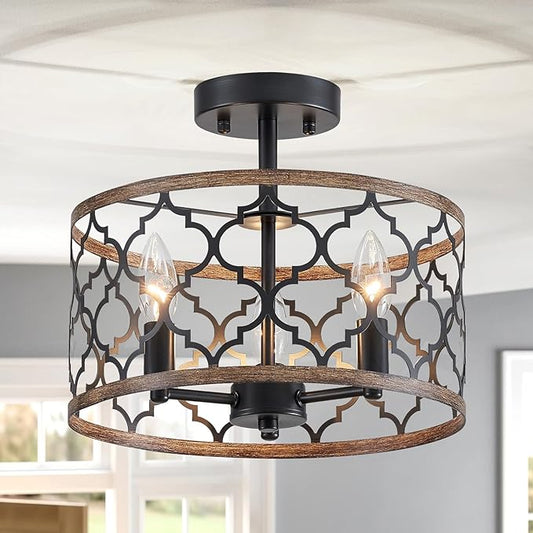 WUZUPS Chandelier 3-Light Vintage Farmhouse Semi-Flush Mount Ceiling Light Lighting Fixture for Foyer Bedroom Hallway Storage Room Kitchen Bathroom, H 9.8" x W 12.4", E12 Base, Black & Wood Imitaion