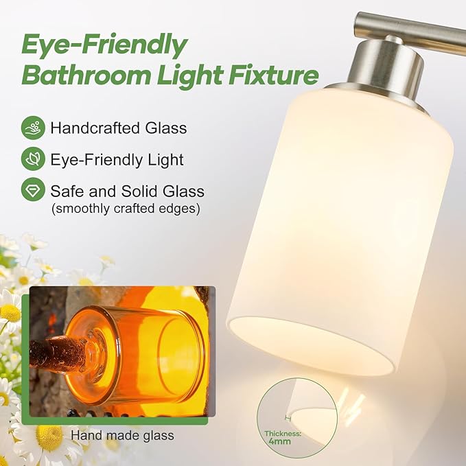 Zarbitta 3-Light Bathroom Light Fixtures, Brushed Nickel Vanity Light, Farmhouse Wall Lights with Milky White Frosted Glass Shades, Bathroom Wall Lamp for Mirror Kitchen Bedroom Hallway Living Room