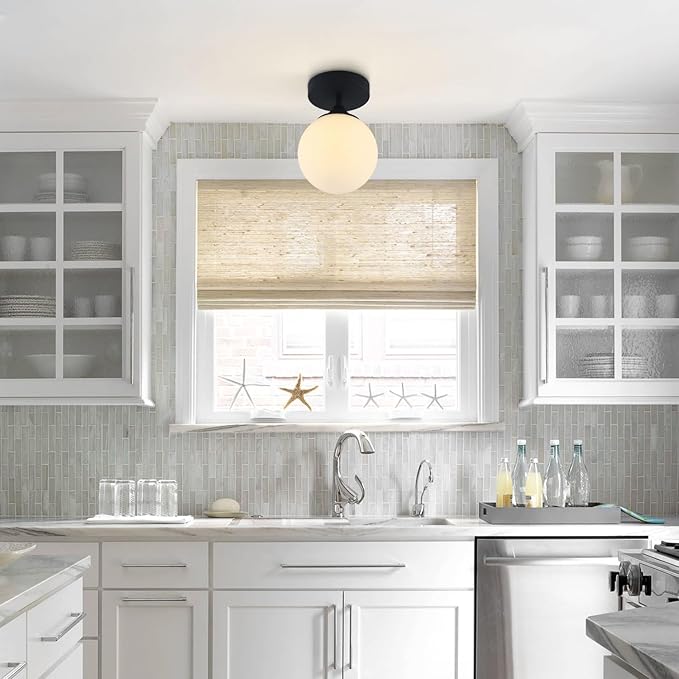 KCO Lighting Mid Century Modern Semi Flush Mount Ceiling Light Fixture White Globe Flush Mount Ceiling Light Farmhouse Black Ceiling Light Milk Glass Hallway Close to Ceiling Light