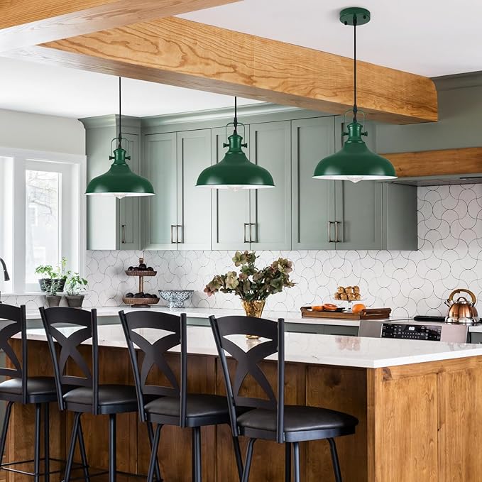 Green Pendant Light, 11.4" Farmhouse Pendant Lights Kitchen Island, Industrial Pendant Lights for Kitchen Island, Dining Room, Cafe, 3 Pack
