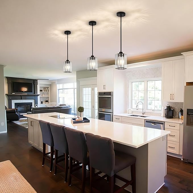 Black Pendant Lights, 3 Pack Crystal Pendant Lights Kitchen Island Lighting, 1-Light Modern Hexagonal Crystal Island Lights for Kitchen, Dining Room, Hallway, Foyer, Entryways