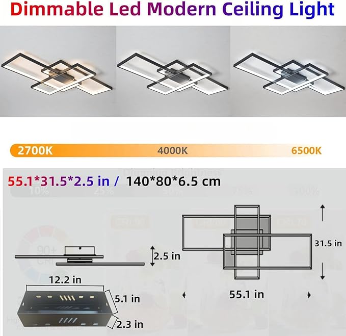 Flush Mount Modern LED Ceiling Light Fixture, With Remote Control Dimmable 3 Color Selectable Ceiling Lamp for Sitting Room, Kitchen, Bedroom, Hallway, Porch (Black, 55.1*31.5*2.5 IN)