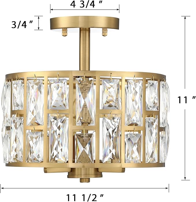 MEXO Gold Finish 3LT Crystal Semi Flush Mount Ceiling Light Fixture, Cylinder Drum Shade, Close to Ceiling, Perfect for Kitchen, Dining Room, Bedroom, Living Room, Entryway, Foyer
