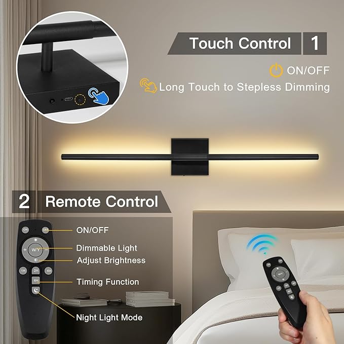 TaoFiaCo Battery Operated Wall Sconces Set of Two, Battery Wall Sconce with Remote Control, Black Modern LED Rechargeable Sconces, Wall Lights for Bedroom, Living Room, 2Pack, 31.5Inch