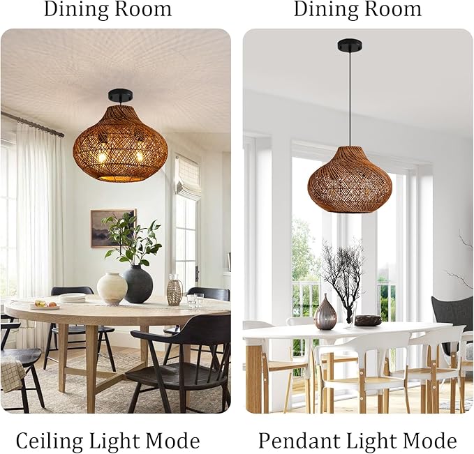 2-Light Dark Brown Rattan Pendant Light,14.96" Round Rustic Hanging Light,Curry Wicker Pendant Light Hand-Woven Rattan Chandelier for Workplace Dining Living Bedroom Kitchen Farmhouse