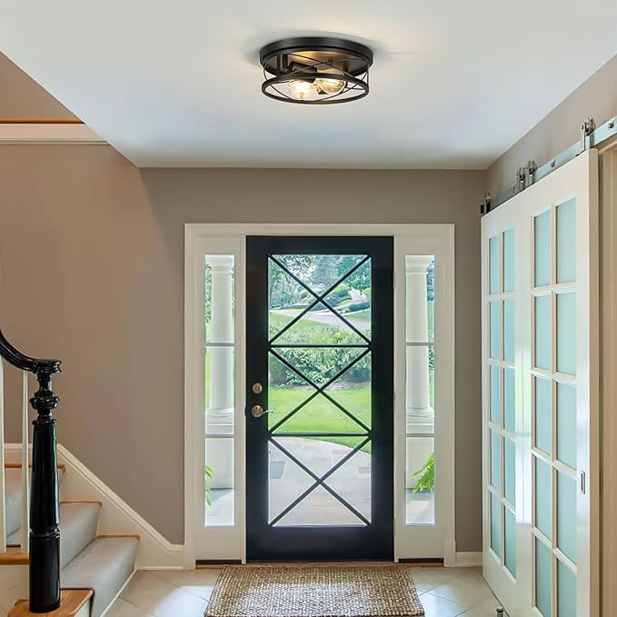 Farmhouse Lights,Black Industrial 2 Pack Round Metal Flush Mount Hallway & Bedroom Ceiling Lamp, Kitchen Round Lights (Bulbs Not Included)