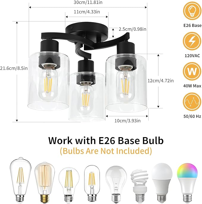 WILON Black Flush Mount Ceiling Light, Farmhouse Kitchen Lighting Fixtures Ceiling Mount, 3-Light Clear Glass Semi Flush Mount Ceiling Light Fixture for Hallway Entryway Foyer Bedroom Laundry Room