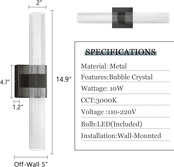 Black LED Wall Sconce Lights Warm Light Modern Crystal Wall Lights Vanity Lighting Fixtures Sconces for Bathroom Living Room Bedroom Dining Room Hallway