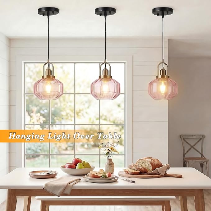 9in Mid Century Modern Pink Glass Pendant Light Fixture, Small Gold Kitchen Island Pendants Light Glass Ceiling Hanging Lamp for Foyer Dining Room Bedroom Entryway Hallway Over Sink