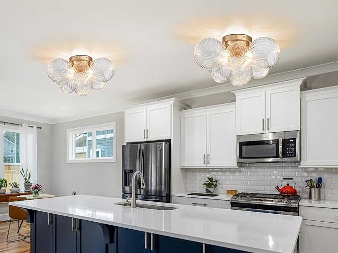 AGV LIGHTING Modern Bubble Glass Flush Mount Ceiling Light Fixture, Gold 4-Light Ceiling Chandelier with Clear Textured Glass Globe Shades, 18” Living Room Bedroom Dining Room Lighting