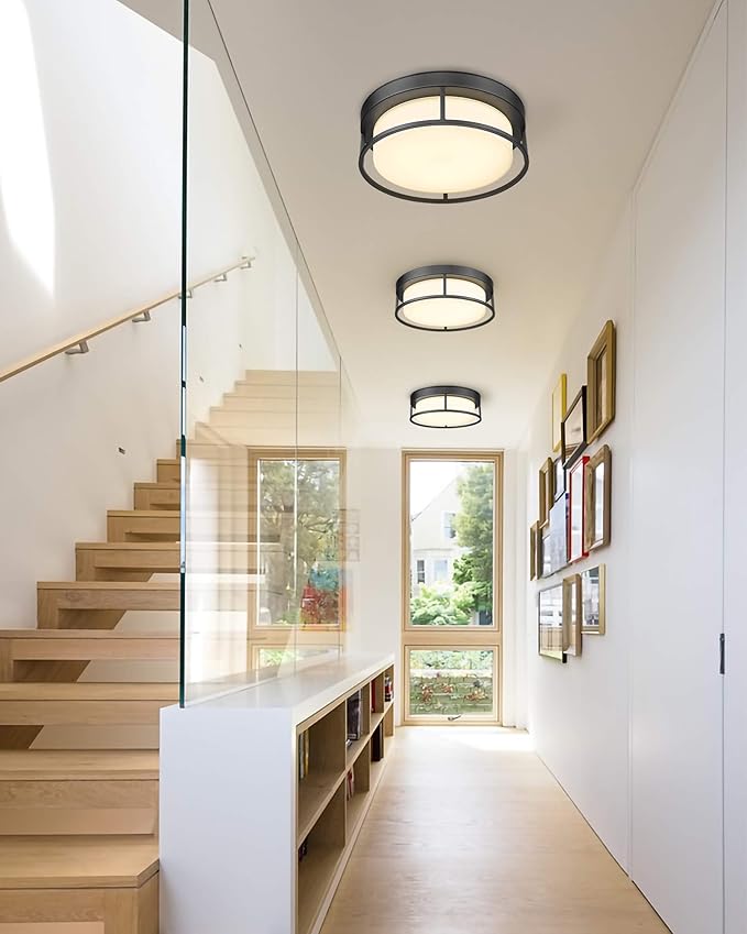 Flush Mount LED Ceiling Light Fixture, 12 Inch 24W 950Lumen Round Ceiling Light Fixtures, Dimmable 3000K Warm White, Black, Frosted Glass Shade, Close to Ceiling Lights for Hallway,6871LFM-BK