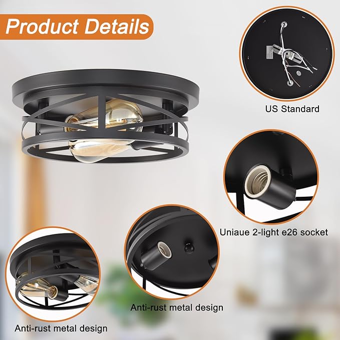 Black Flush Mount Ceiling Light,Hallway Light Ceiling Mount,Industrial Vintage Metal Cage Close to Ceiling Lights for Kitchen,Farmhouse,Bedroom