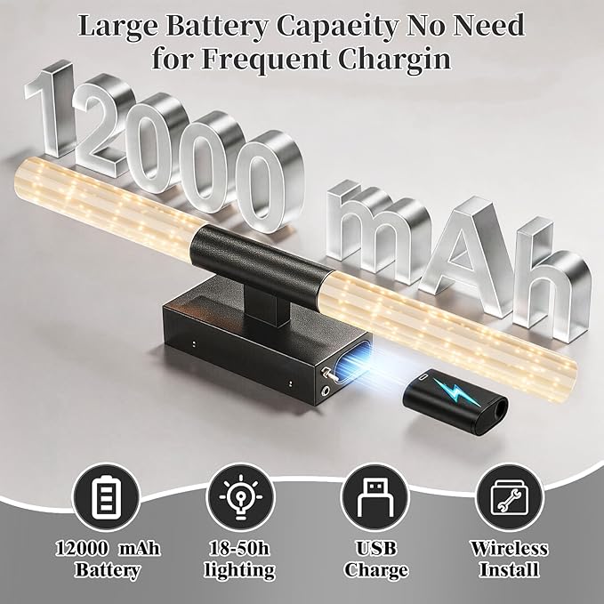 camuucci Battery Operated Wall Sconces Set of 2 Rechargeable Battery Powered Wall Light with 12000mAh Not Hardwired Dimmable Wall Lamp Fixtures for Bedroom Living Room Black 25.6 Inches