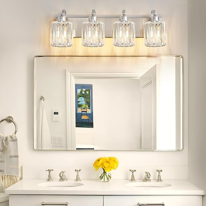 4 Lights Brushed Nickel Vanity Light Crystal Wall Light Bathroom Light Fixtures with Round Shade (Exclude Bulb)