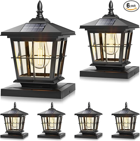 NIORSUN Solar Post Lights Outdoor, Fence Post Solar Lights with 3 Color Temperatures, Edison LED Bulbs Garden Patio Fence Deck Decor, 4x4 Posts Caps, 4x4, 5x5 Wooden & Vinyl (6 Pack,Black)