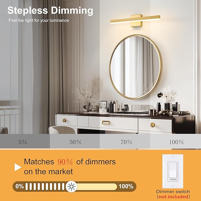 Gold Bathroom Vanity Light 23.6 inch, 20W Dimmable 5CCT LED Modern Bathroom Light Fixture Over Mirror Hardwired - ETL Certificated