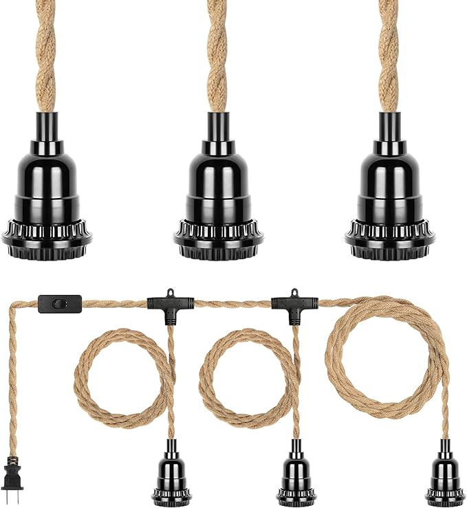 Plug in Hanging Light Fixture, 20FT 3 Bulbs Pendant Lamp Lights Cord with Switch Cord E26 Bulbs Socket, Industrial DIY Twisted Hemp Rope Overhead Lamps for Farmhouse Bedroom Home Lighting Decors