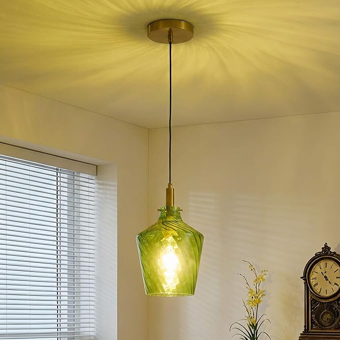 Modern Stripes Green Glass Pendant Lighting for Kitchen Island 1 Pack, Farmhouse Gold Pendant Light Fixtures, Height Adjustable Ceiling Pendant Light, 8 Inch