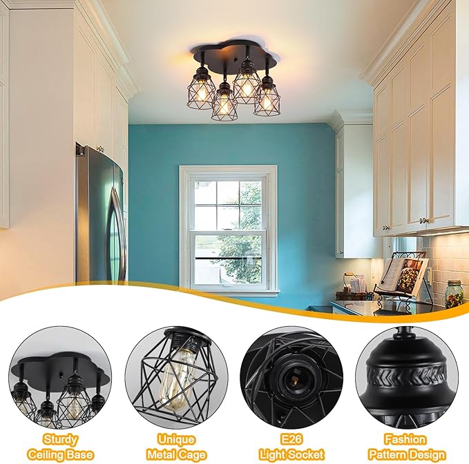Kitchen Light Fixtures Ceiling Mount, Adjustable Semi Flush Mount Ceiling Light, Multi-Directional Lamp for Kitchen, Hallway, Dining Room, Farmhouse with E26 Base (Black 4-Light)