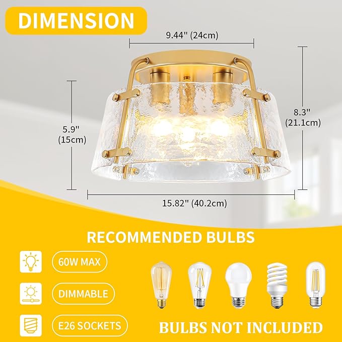 Gold Semi Flush Mount Ceiling Light 3-Light Modern Hammered Glass Chandelier Entryway Light Fixtures Kitchen Lighting Close to Ceiling Lights for Hallway Dining Room Bathroom Bedroom Foyer