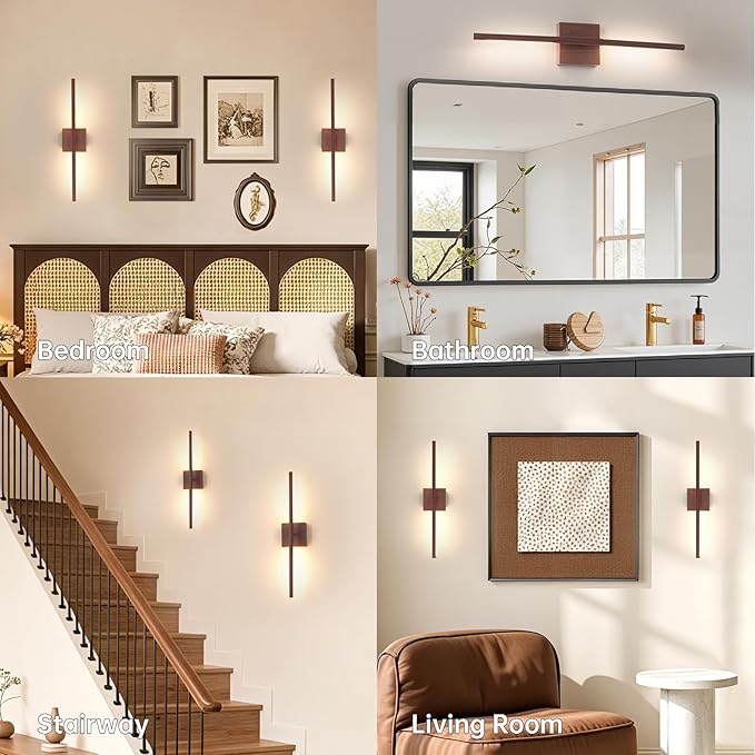 Shenmoyl Battery Operated Wall Sconce Set of 2, 8000mAh Rechargeable Wall Sconces, 3000K-6000K Dimmable, 350°Rotate, Indoor Wall Lights for Bedroom Living Room Bathroom, Black Walnut, 23.6 Inch