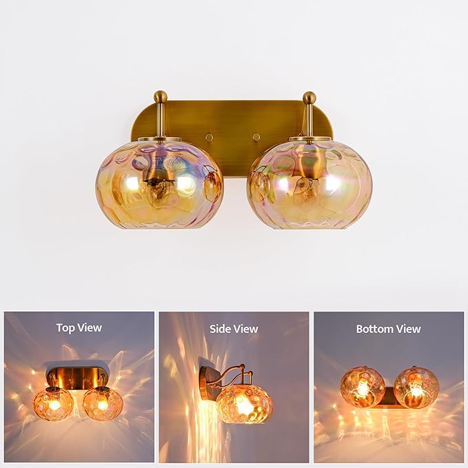 Brushed Gold Vanity Light Amber Hammered Glass Wall Sconce 2-Light Brass Wall Lamp for Hallway Living Room Stairwell Bathroom Over Mirror