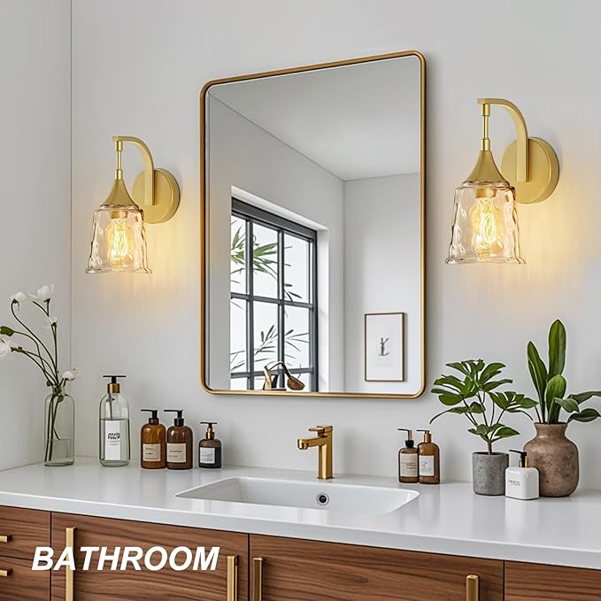 Gold Wall Sconce for Bathroom,1-Light Hardwired Wall Light Fixture with Water Ripple Glass Shade, Vintage Brass Sconce Lights for Bedroom Hallway Entryway