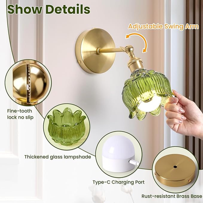 Vintage Battery Operated Wall Sconces - 5000mAh Rechargeable Dimmable Wireless Lights with Remote Control - Set of 2 Green Flower Glass Powered Light Sconce - Cordless Mounted Lighting for Bedroom