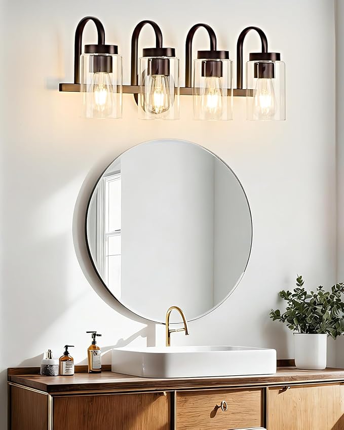 4 Light Bathroom Vanity Light, Black Coffee Vanity Lights for Bathroom, Modern Light Fixtures Over Mirror with Clear Glass Shade, Wall Sconce Lighting for Bedroom